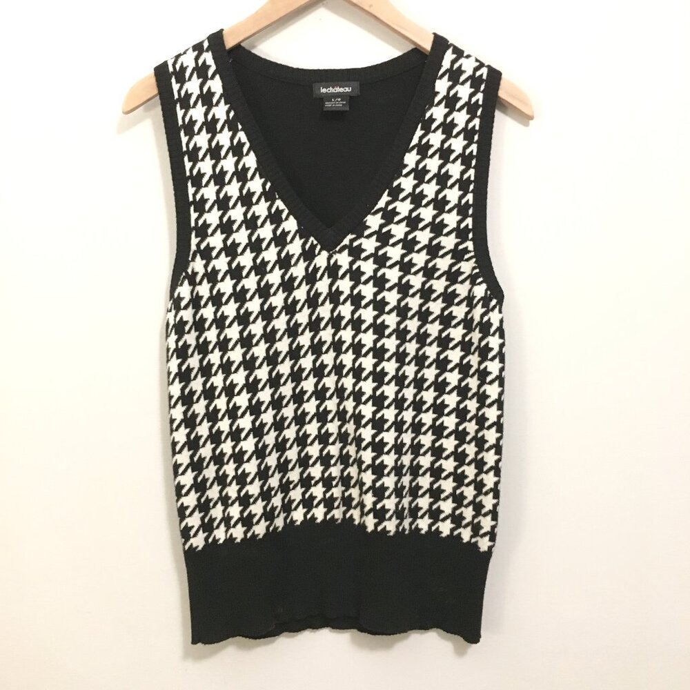 Le Château Preppy Houndstooth Knit Sweater Vest | Viscose Cotton Blend Size L 🏁